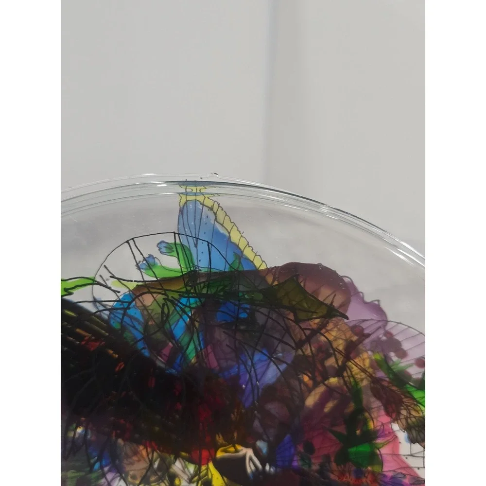 Hand painted‎ Signed Glass Salad Dessert Plates Reverse Floral Entomologist